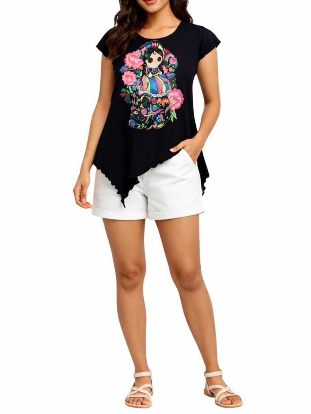 Ay Guey Women’s Tunic Top XL Black Rhinestone Doll Graphic Handkerchief Hem N